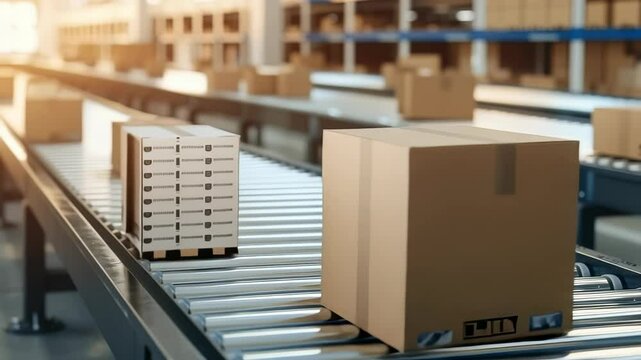 Automated conveyor belt transporting parcels in a distribution warehouse. Stacks of boxes on shelves in the background suggest a bustling center for logistics and supply chain management.