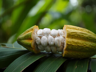 Open Cocoa Pod Revealing Beans on Banana Leaf