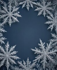 Intricate silver snowflakes on a blue background, wintery frame , crystal, art, silver