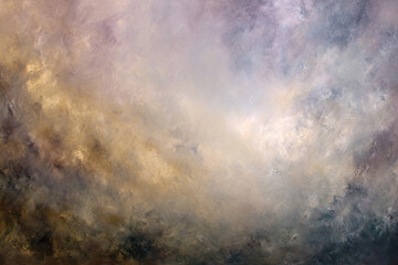Fototapeta premium Heavenly Hues: The sky displays a mesmerizing spectacle of vibrant colors in an abstract cloudscape. Painted with brushstrokes of gold, lavender, and turquoise.