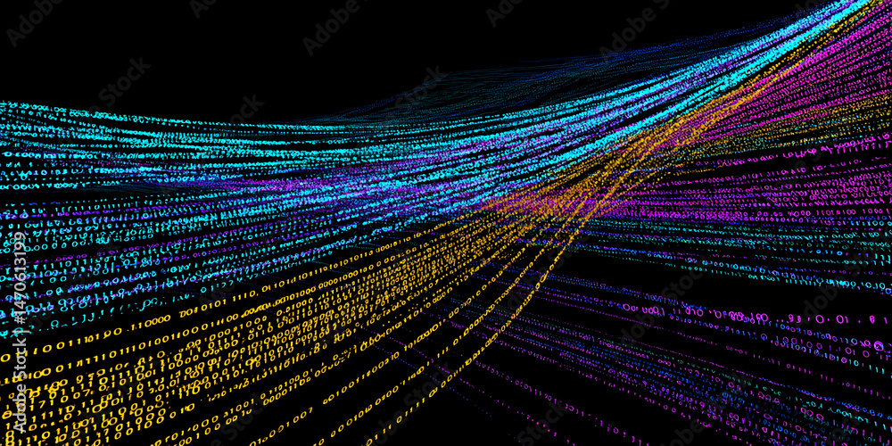 Poster abstract digital data streams, forming dynamic waves of binary code in vibrant blue, purple, and gol