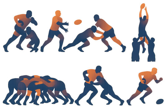 Dynamic rugby icons set – passing, tackling, scrummage, lineout, running. Flat icon set