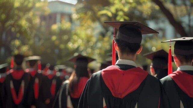 A group of graduates, seen from the rear, clad in black gowns and caps with red accents, walking through a sun-dappled outdoor setting, representing the culmination of their academic journey.