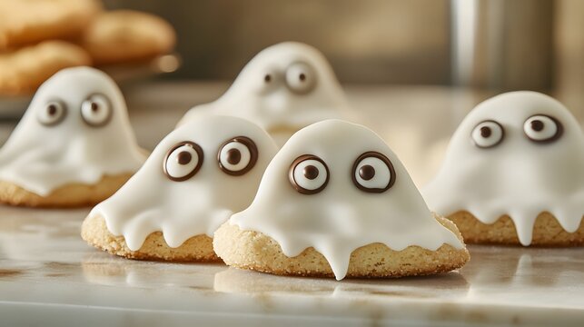 Ghost-shaped sugar cookies with white icing and chocolate eyes