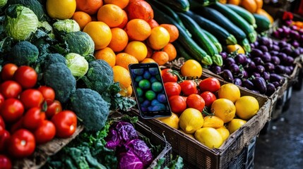 Vibrant assortment of fresh produce with smartphone showcase display