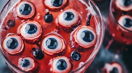 Halloween punch with floating eyeballs made from lychees and blueberries