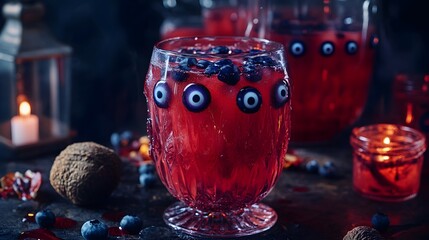 Halloween punch with floating eyeballs made from lychees and blueberries
