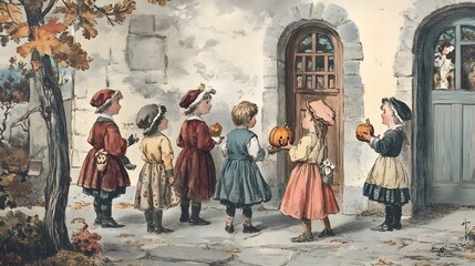 Vintage scene of children dressed in simple costumes going door-to-door in an early form of trick-or-treating