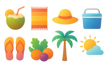 Tropical picnic essentials icons set &ndash; coconut, blanket, sun hat, cooler, flip-flops, fruits, palm tree. Flat icon set