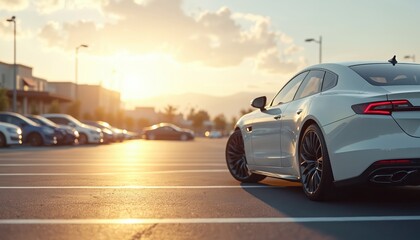 White car parked outdoor at sunny day. Modern luxury vehicle at parking lot for rent, sale. Automotive industry, transportation, business, travel, leasing concept. Car dealership, marketing