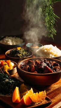 Traditional Brazilian feijoada served hot with rice, collard greens, farofa, oranges, and stewed vegetables, beautifully presented in rustic bowls with rising steam

