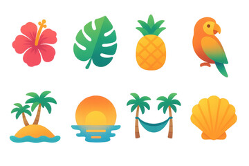 Naklejka premium Tropical paradise icons set – hibiscus, leaf, pineapple, parrot, palm, sunset, hammock, shell. Flat icon set