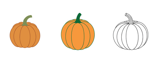 vegetables on white background. Set of Pumpkin Line and Colors Style on White Background