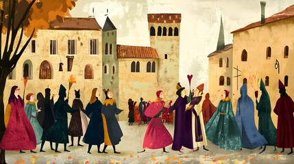 Illustration of people celebrating All Saints Day in the Middle Ages
