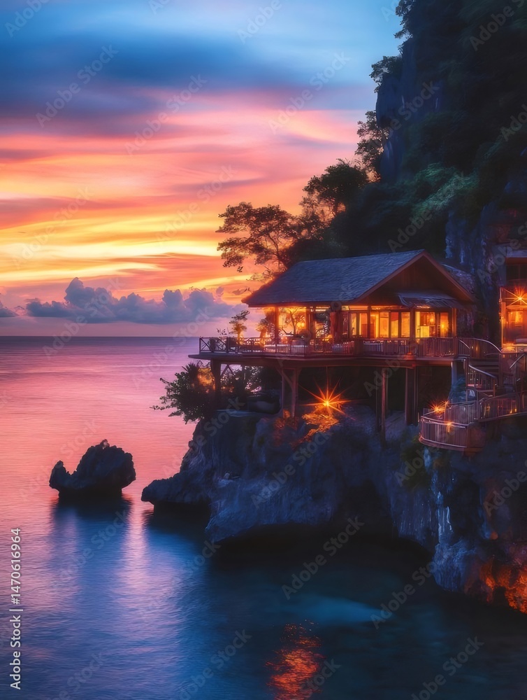 Poster 劇的な空の下の崖の上の夕暮れ時の熱帯の家 青い海とオレンジとピンクの夕暮れ時の空が美しい海岸線の高級リゾートの美しい景色を描いています