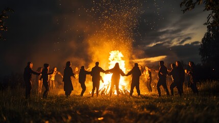 Traditional Samhain bonfire ceremony with people dancing around the fire