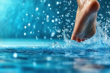 Minimalist photo of close-up of senior swimmerâ€™s foot pushing off pool wall, captured mid-motion, bubbles around, shallow depth of field, a bright sunny afternoon.