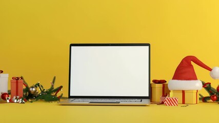 A laptop on a yellow surface surrounded by Christmas gifts, ornaments, and a Santa hat. Presents and festive decorations frame the screen, creating a holiday shopping scene with digital workspace. - Powered by Adobe