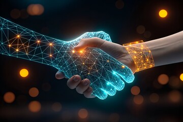 Digital Handshake: A striking digital handshake merging the tangible with the technological, set against a backdrop of softly blurred lights.