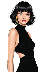 Fototapeta premium Fashion Illustration: Chic Woman with Black Bob Hairstyle in Black Cut-Out Dress and Gold Earrings