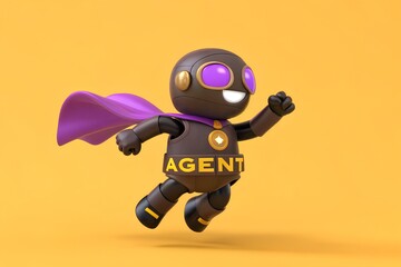 Super Agent: An adorable robotic superhero soaring through the air, ready to assist and protect, a beacon of technological ingenuity and unwavering resolve.
