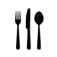 Fork, Knife, Spoon Cutlery Silhouettes, Black Tableware Set Icon on White Background