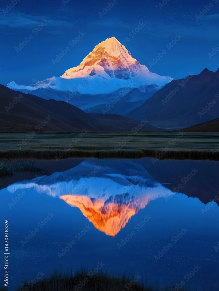 Aufkleber 夜の星空の下で雪山が湖面に映る息をのむような風景 アルプスの高山反射と静けさを捉えたパノラマ
