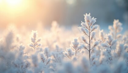 Close-up photo illustration of frosty plants, scenic winter nature in sun light. Hoarfrost crystals on vegetation. Beautiful sunrise or sunset, cold weather. Fairytale atmosphere.