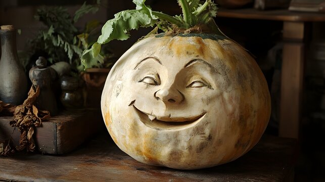 Traditional Irish turnip lantern with a carved face as a precursor to jack-o-lanterns