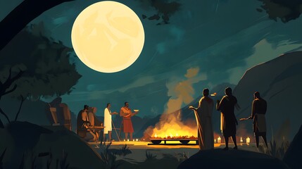 Illustration showing ancient people placing food outside to appease spirits