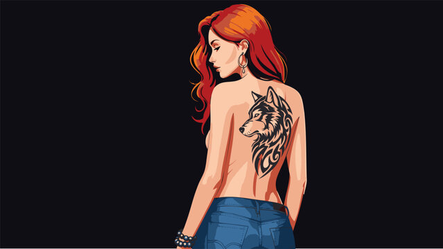 Young Woman with Red Hair and Wolf Head Tattoo on Bare Back, Rear View Illustration on Dark Background
