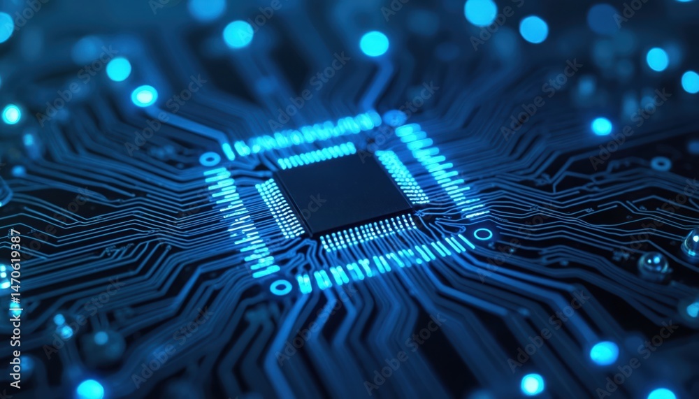 Fototapete close-up of a microprocessor chip on printed circuit board. integrated circuits, computer technology