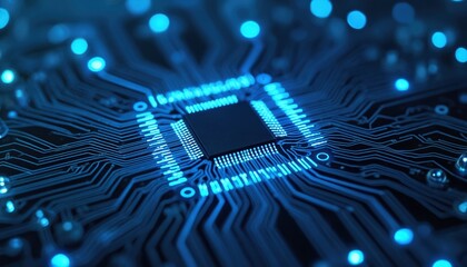 Close-up of a microprocessor chip on printed circuit board. Integrated circuits, computer technology, data flow, microchip design, abstract digital illustration, future tech, IT industry, data center.
