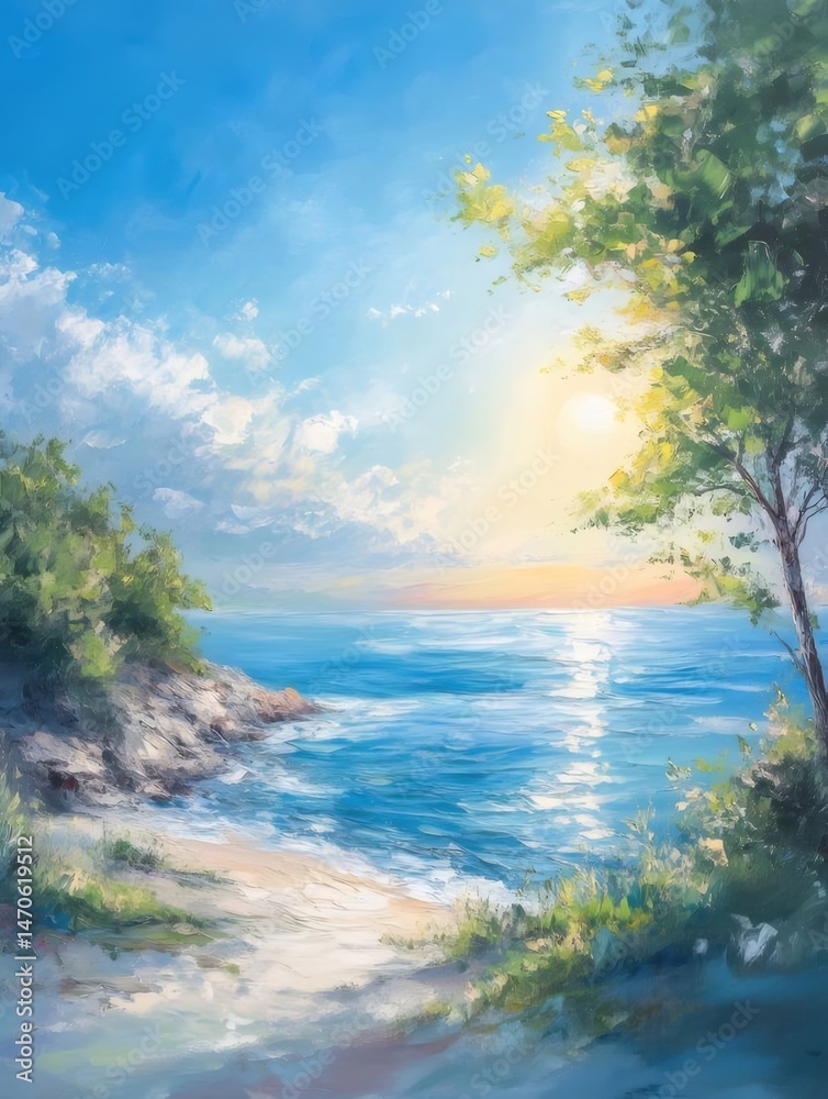 Aufkleber 晴れた日の波と緑豊かな木々のある穏やかな海辺の風景 太陽の光が水面に反射する静かで美しい海岸線の眺め