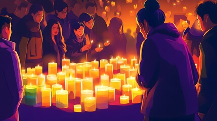 Illustration showing people lighting candles to honor the deceased on All Souls Day