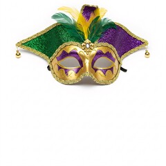 A gold Mardi Gras mask with green and purple glitter, feathers, and trim