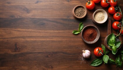 Dark walnut butcher block kitchen countertop. Deep brown wood tones with prominent grain patterns. Ingredients tomatoes spices basil garlic. Food prep cooking.