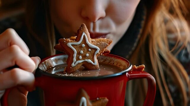 A close-up shot captures a smiling woman about to bite into a star-shaped gingerbread cookie dipped in a mug of hot cocoa. This image exudes warmth, comfort, and the joy of holiday treats.