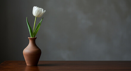 Elegant white tulip in a clay vase, a simple yet captivating still life showcasing natural beauty against a neutral backdrop. 