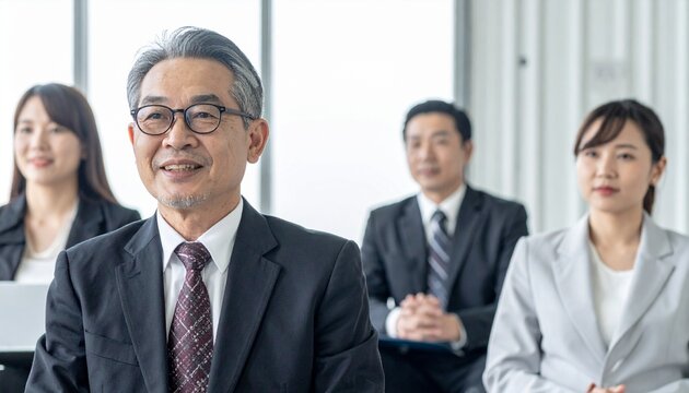 講演会講習会で演説を聞く日本人男女のビジネスマン・ビジネスウーマン