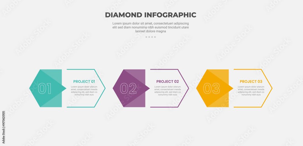 Poster long hexagon base shape infographic outline style with 3 point template with arrow fill base on left