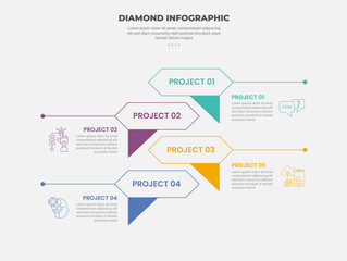 long hexagon shape infographic outline style with 4 point template with vertical stacked position for slide presentation