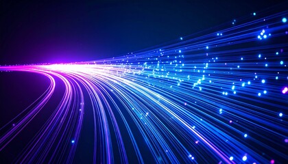 Futuristic tech background with glowing blue and purple fiber optic light trails on dark mode, symbolizing data transfer, internet speed, AI, digital networks, and innovation.