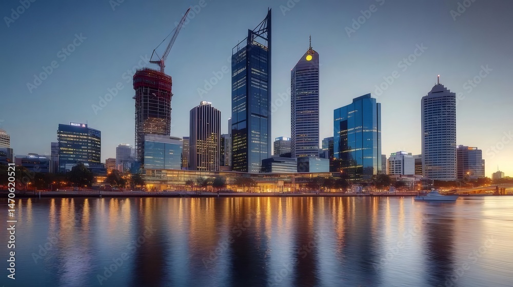 Aufkleber 青い水と夕暮れ時の空を背景にしたパースオーストラリアの都市のスカイラインの高層ビルと建物