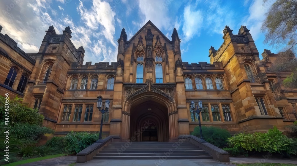 Poster シドニー大学の石造りの外観は、空と緑豊かな風景を背景に、壮大さと歴史的なディテールを表現しています