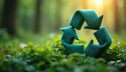 Green recycling symbol set against green nature background. Eco design for circular economy business growth through reuse, recycling. Environment sustainability concept. Renewable resources, waste