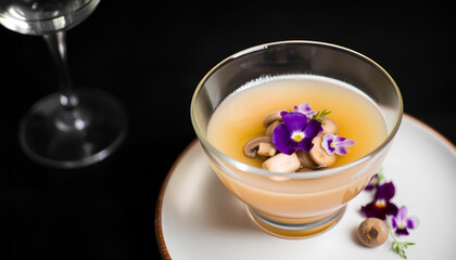 Mushroom consomm&eacute; served in a glass bowl with edible flowers, fine dining plating style, moody background