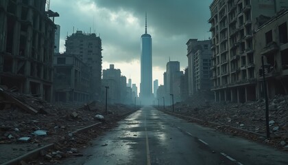 Fototapeta premium Apocalyptic cityscape after disaster. Abandoned city with destroyed buildings, debris. Modern skyscrapers after earthquake or war. Concept of end of world. Global crisis, cataclysm, destruction, ruin.