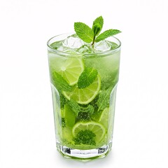 Refreshing mojito cocktail in a tall glass with lime, mint, and ice, isolated on white