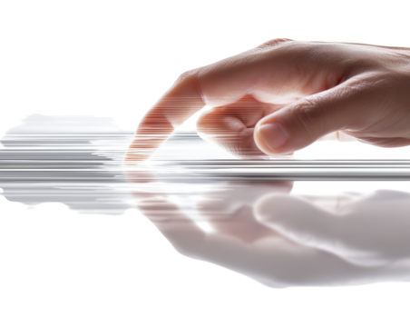 hand interacting with digital interface visualized by glowing lines and reflective surface isolated on png transparent background
